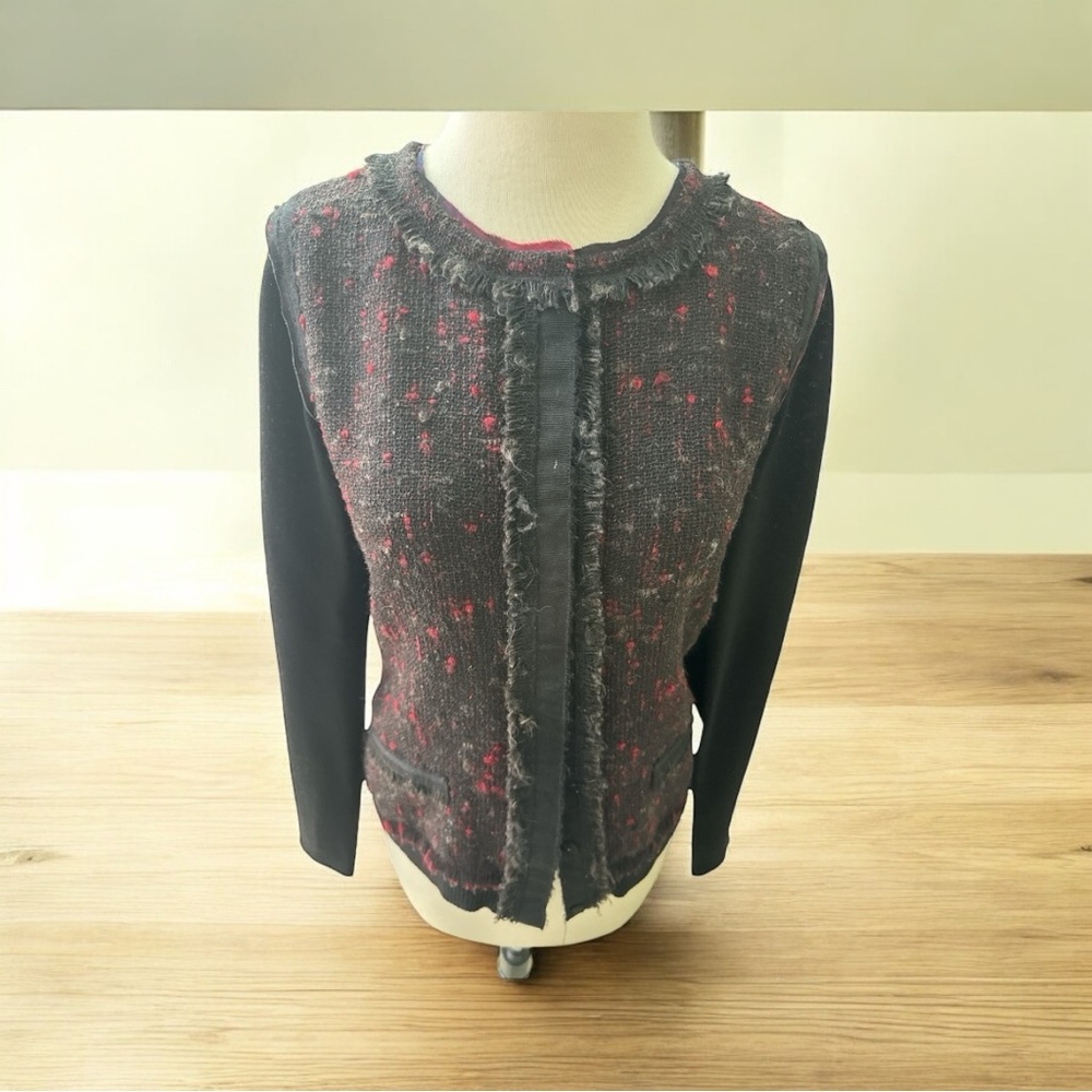 Elie Tahari Black Burgundy Tweed Merino Wool Mohair Alpaca Cardigan Sweater S/P